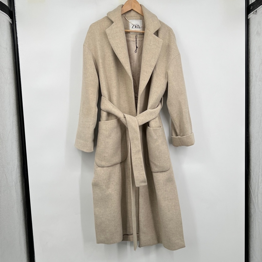 Zara Oatmeal Lapel Coat Zara Pocket Belt size XS Long Mid Length Coat size XS - Picture 2 of 9